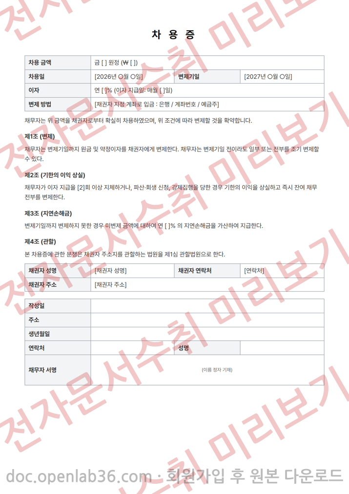 차용증 양식 미리보기